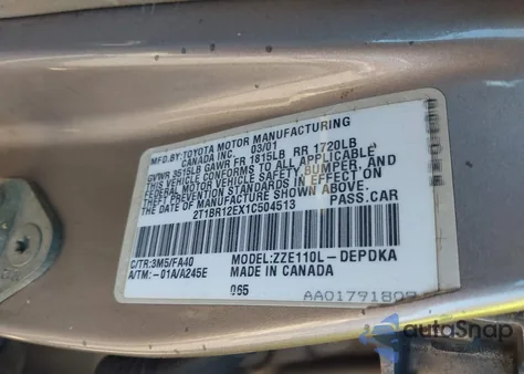 2001 Toyota Corolla Le from USA, damaged, VIN 2T1BR12EX1C504513